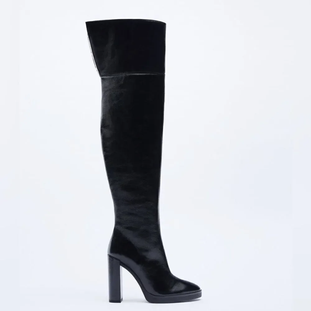 Zara OVER-THE-KNEE LEATHER BOOTS WITH FAUX SHEARLING LINING